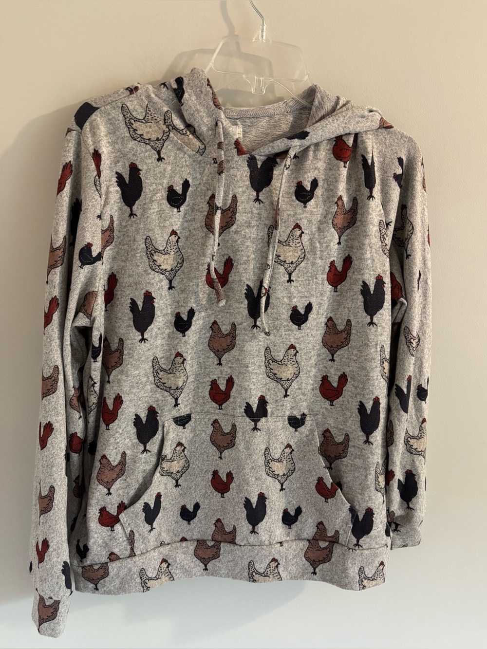 La Soul Women’s Grey Hoodie Sweatshirt Size L Chicken Print